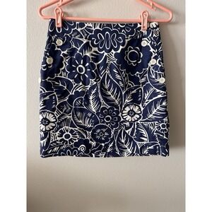 Talbots A Line Skirt Women 0P Petite Navy White Floral Side Zip Stretch Pockets